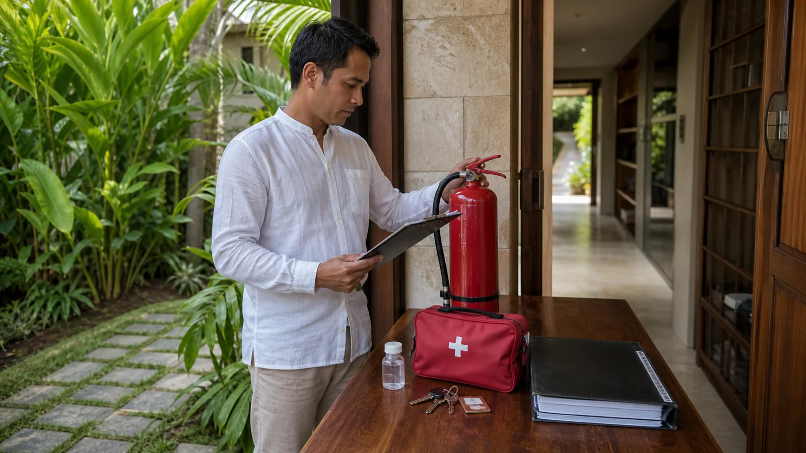 Une responsable de villa à Bali contrôle la sécurité, l’eau et le dossier d’ouverture