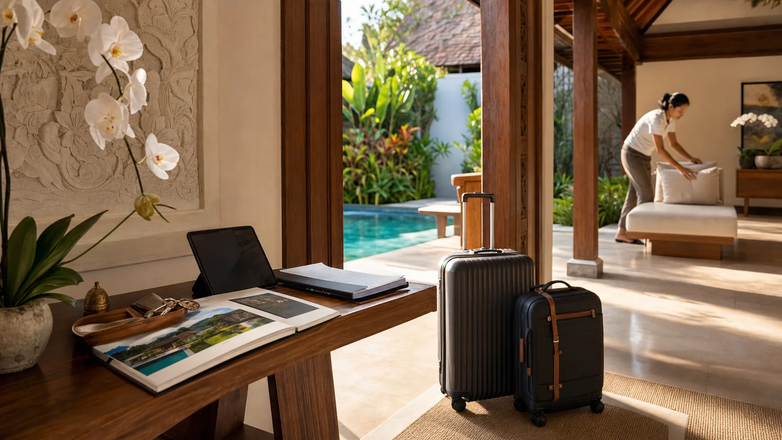 Arrivée de voyageurs dans une villa à Bali préparée et documentée professionnellement