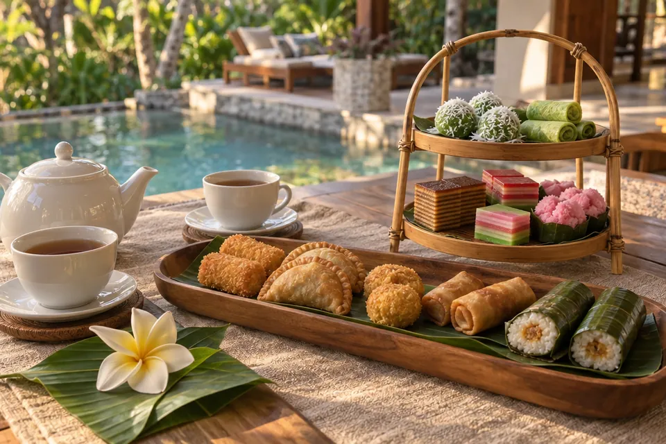 Indonesian afternoon tea on a teak table by the pool: klepon, dadar gulung, layered cakes, risoles, spring rolls and lemper, with a white teapot and two cups of tea