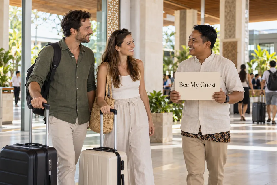A driver holding a Bee My Guest welcome sign greets two travellers with suitcases in an airport arrivals hall