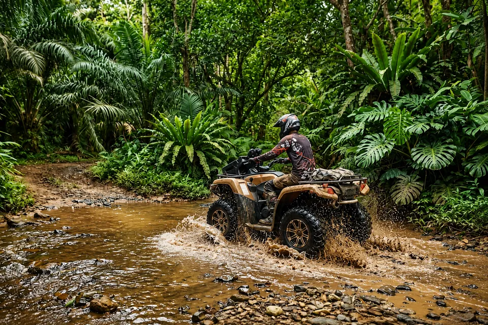 An ATV splashing through a shallow jungle stream