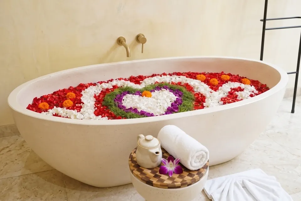 A freestanding bathtub filled with a flower-petal heart, with a teapot, a rolled towel and an orchid on a side table