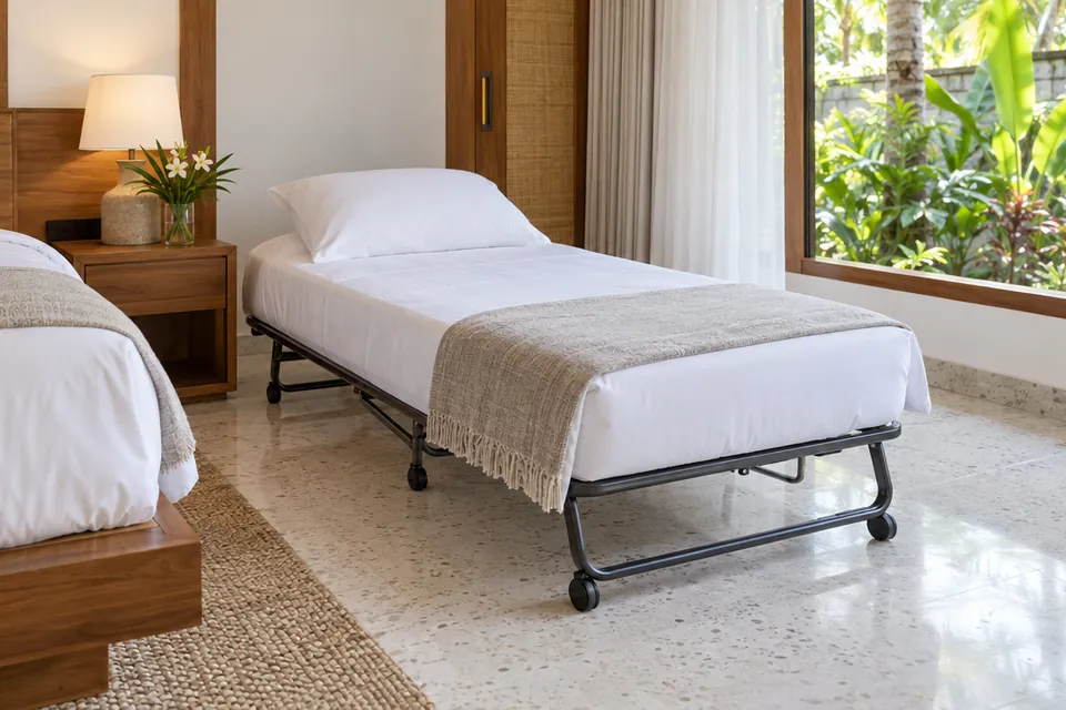 A single rollaway bed made up with white linen, a pillow and a woven throw, next to the main bed in a bright bedroom with a garden window