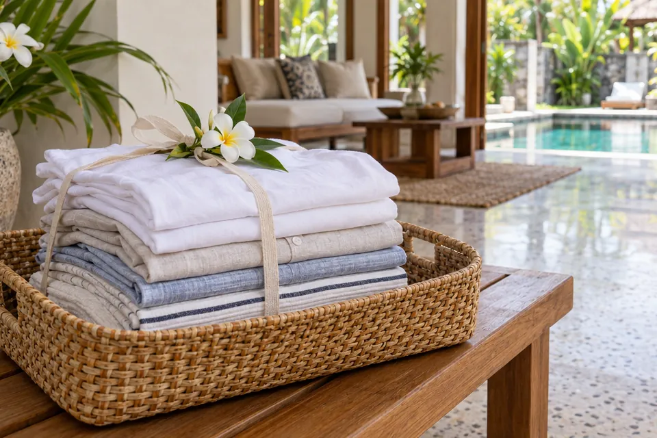 Freshly folded shirts and linens tied with a ribbon and a frangipani flower, in a rattan basket on a bench by a villa pool