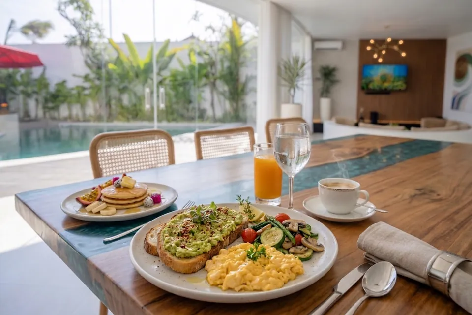 Vegetarian breakfast: avocado toast, scrambled eggs and sautéed vegetables, with pancakes, orange juice and coffee
