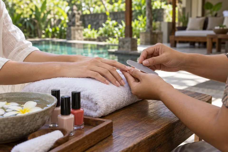 A nail therapist filing a guest’s nails over a rolled towel, with nail polish bottles and a bowl of frangipani flowers beside a pool