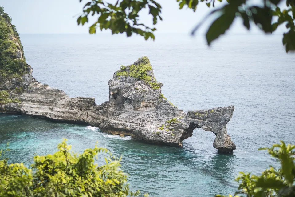 A rock arch standing in the sea off the Nusa Penida coast, framed by leaves