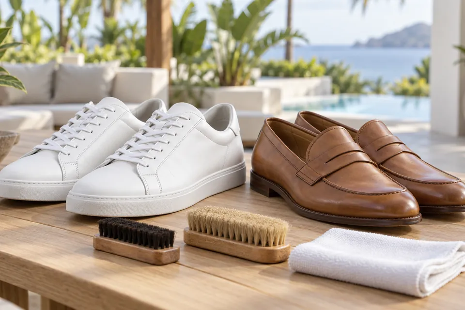 Clean white leather sneakers and brown leather loafers on a terrace table, with two shoe brushes and a folded white cloth