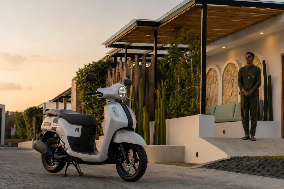 A cream-white Yamaha Fazzio 125 scooter with retro styling, parked at the villa entrance at sunset